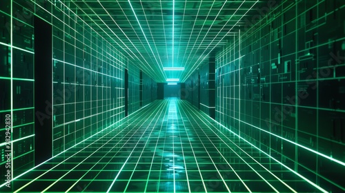 Detailed 3D grid room. Modern illustration. Black virtual reality hallway space in cyberspace. Modern illustration.
