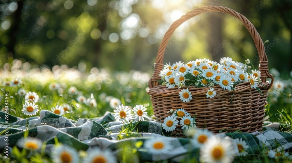 a picnic basket on green and white checkered blanket spread across a lush green meadow, adorned with cheerful daisy flowers, a backdrop of a sunny spring day a picnic basket on green and white checkered blanket spread across a lush green meadow, adorned with cheerful daisy flowers, a backdrop of a sunny spring day