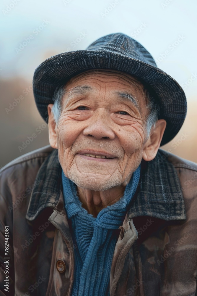 A portrait of an old man in a hat and scarf. Suitable for winter concepts A portrait of an old man in a hat and scarf. Suitable for winter concepts