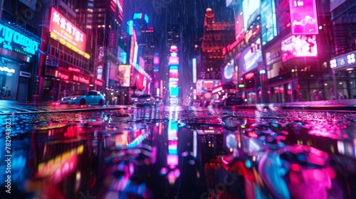An illustration depicting a neon mega city with light reflecting from puddles heading toward buildings. Night life concept, business district center (CBD), cyber punk theme, tech background. © Zaleman