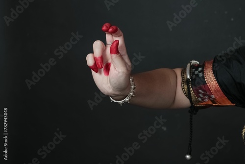 Close up of Hand gestures of an Odissi dancer, Indian classical dance forms, hand mudras. photo