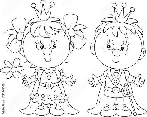 Funny little princess and prince in their ceremonial costumes at a royal court of a fairytale kingdom, black and white outline vector cartoon illustration for a coloring book © Alexey Bannykh