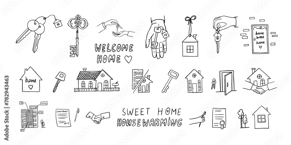 Large set of housewarming in doodle style. Home sweet home, welcome home, new home, happy house warming, house keys, deal.  Good for banner, posters, cards, professional design. Hand drawn