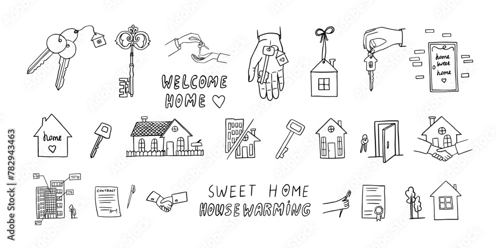 Large set of housewarming in doodle style. Home sweet home, welcome home, new home, happy house warming, house keys, deal. Good for banner, posters, cards, professional design. Hand drawn Large set of housewarming in doodle style. Home sweet home, welcome home, new home, happy house warming, house keys, deal. Good for banner, posters, cards, professional design. Hand drawn