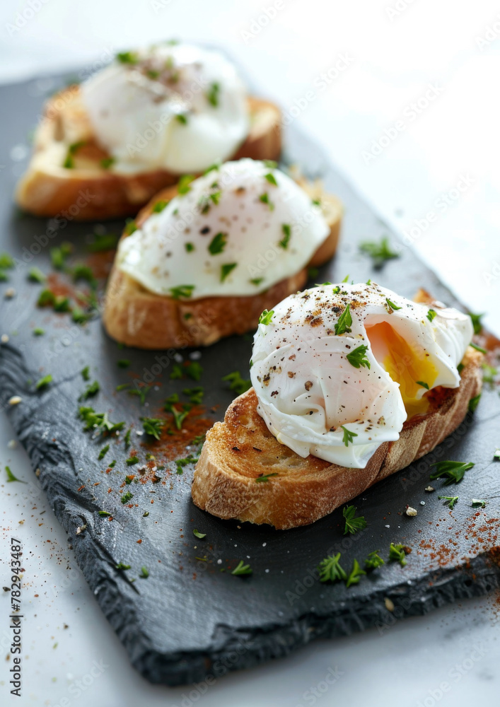 Product photo of Gourmet toast, topped with poached eggs, on slate plate, isolated on white background.
