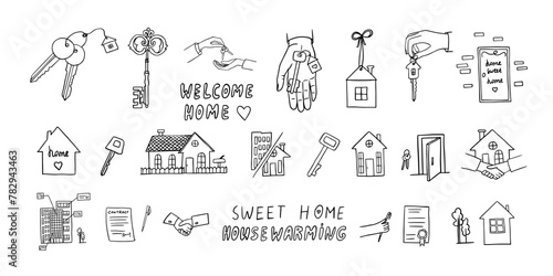Large set of housewarming in doodle style. Home sweet home, welcome home, new home, happy house warming, house keys, deal.  Good for banner, posters, cards, professional design. Hand drawn