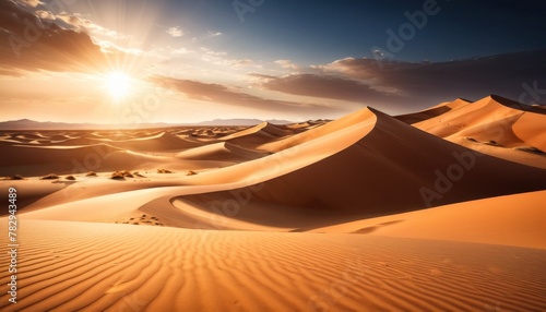 Warm sunlight spills over smooth sand dunes, casting deep shadows and highlighting the tranquil beauty of the desert at dusk. AI Generation © Anastasiia