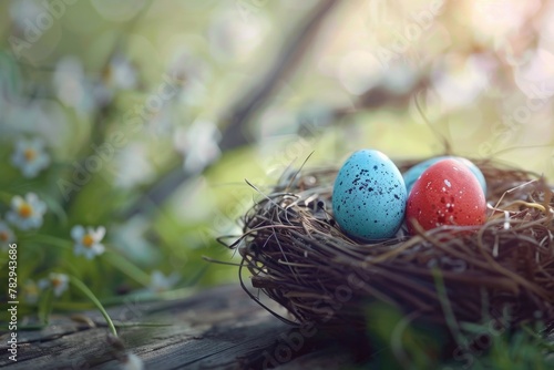 Three eggs in a nest on a wooden table, perfect for food or nature themes