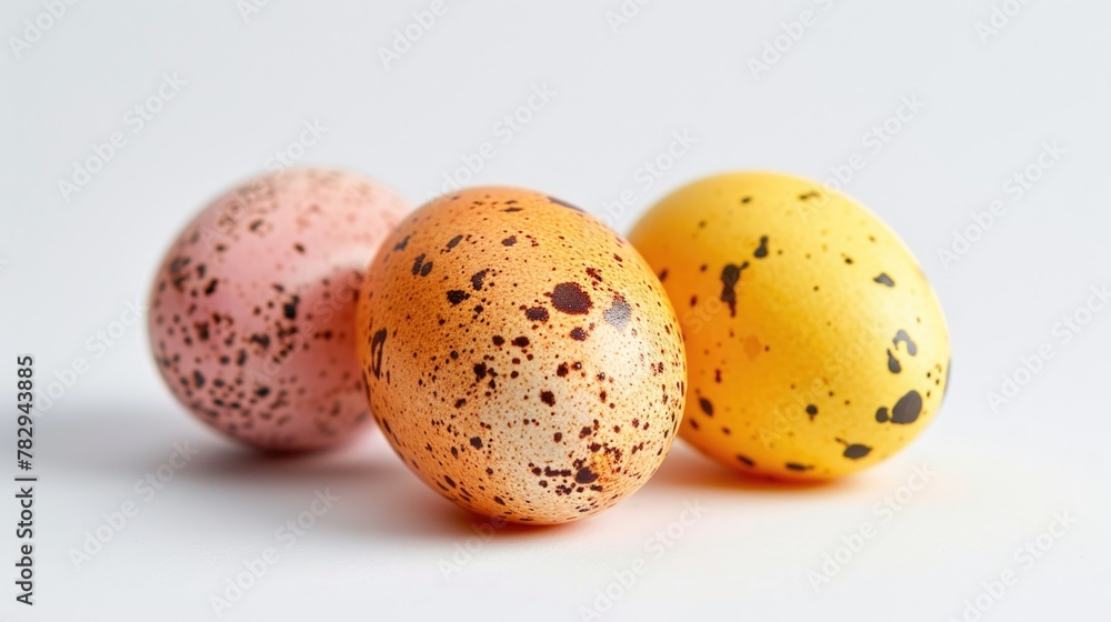 Three speckled eggs arranged on a white background. Suitable for various design projects Three speckled eggs arranged on a white background. Suitable for various design projects