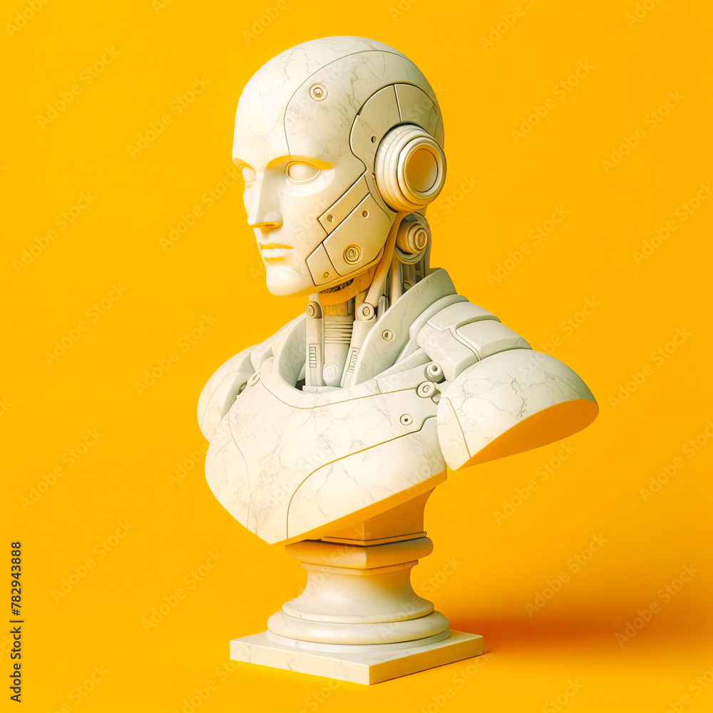AI Antiquity: White Marble Robot Bust in a Modern Twist. Yellow Background. generative ai. generative AI AI Antiquity: White Marble Robot Bust in a Modern Twist. Yellow Background. generative ai. generative AI