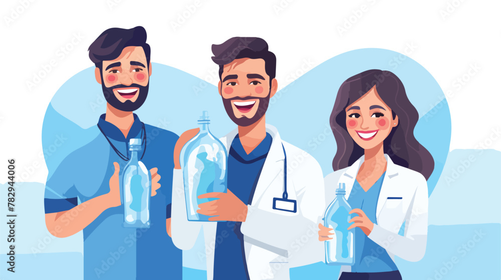 Doctor recommending couple patients drinking water. - obrazy, fototapety, plakaty 
