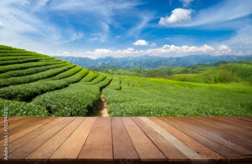 A vast green agricultural field stretches under a bright blue sky  with ample space for product placement against a natural backdrop.