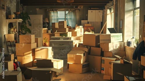AI generated illustration of a room filled with moving boxes being packed by individuals