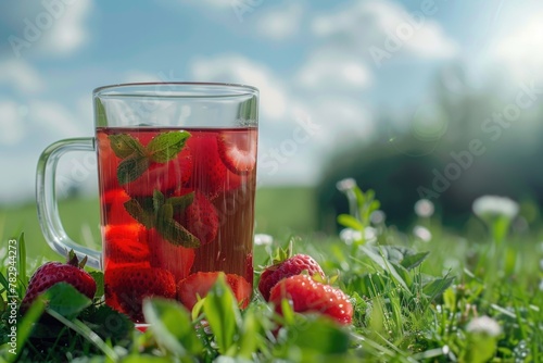 A glass of tea garnished with fresh strawberries and mint leaves. Perfect for summer refreshment