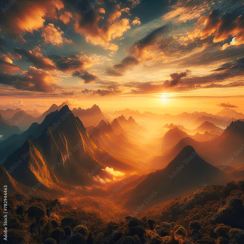 Dawn's Embrace: Golden Light Bathes Majestic Mountains in a Panoramic View. Sunrise. generative AI