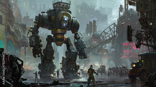 Futuristic Cityscape with Giant Robot and Human Interaction