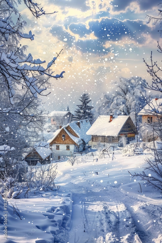 A snowy scene with a house in the distance. Suitable for winter themes