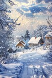 A snowy scene with a house in the distance. Suitable for winter themes