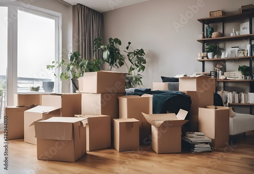 AI generated illustration of cardboard boxes neatly stacked in a living room with open shelves © Wirestock
