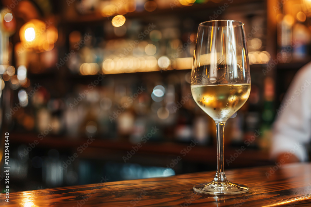 close up of a Glass of white wine with blurred Bartender and bar in the back with empty copy space close up of a Glass of white wine with blurred Bartender and bar in the back with empty copy space