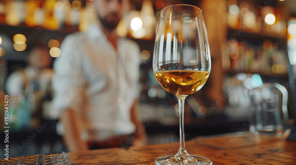 close up of a Glass of white wine with blurred Bartender and bar in the back with empty copy space