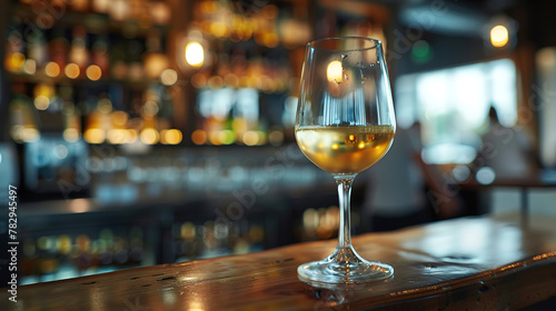 close up of a Glass of white wine with blurred Bartender and bar in the back with empty copy space