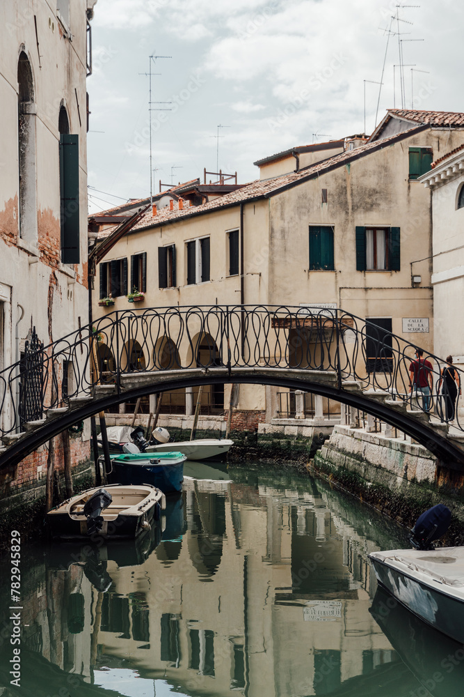 Vertical shot of a bridge over a canal in an old town