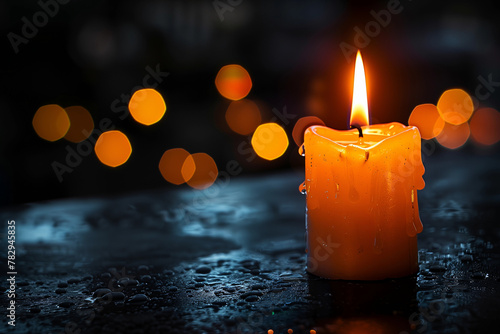 Single white burning candle on black background