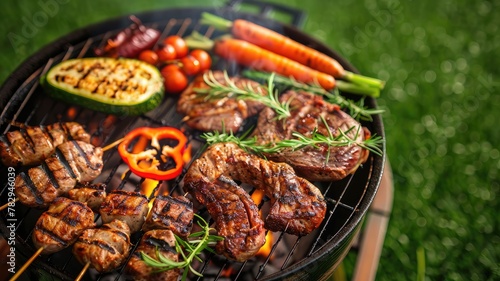 a barbecue grill sizzling with grilled vegetables, potatoes, and succulent chicken, arranged on a lush green grass meadow, providing a perfect banner background with ample copy space for text, design.