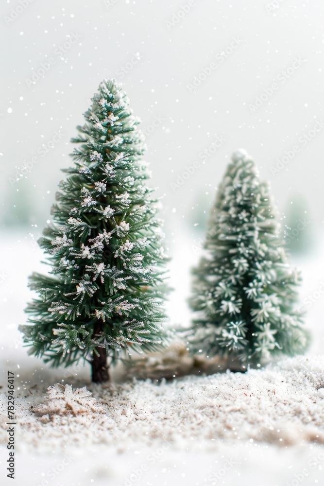 A couple of small trees on a snow covered ground. Perfect for winter themed projects