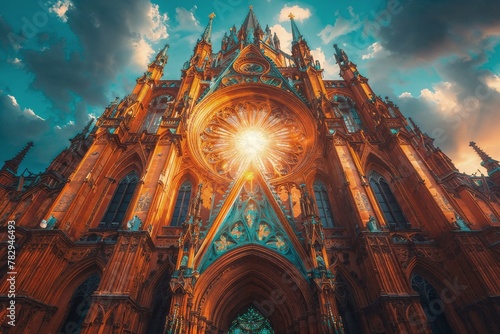 the front of a large cathedral with a sun burst coming out of the door