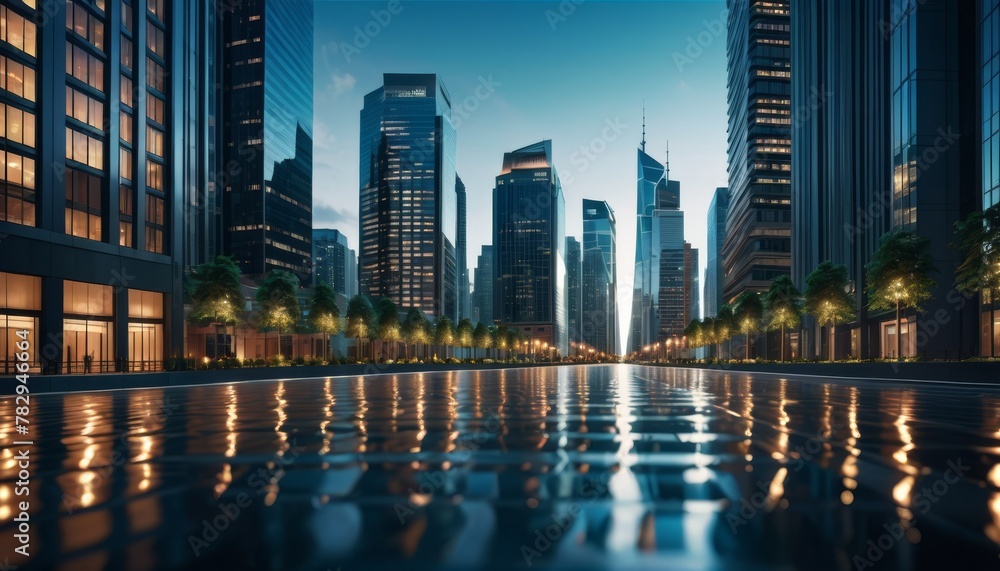 A modern cityscape at twilight reflected on a wet surface, with skyscrapers reaching towards a dusky sky. AI Generation. AI Generation A modern cityscape at twilight reflected on a wet surface, with skyscrapers reaching towards a dusky sky. AI Generation. AI Generation
