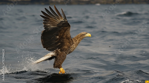 Bald Eagle Soaring Above Water in Nature's Sky photo