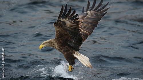 Bald Eagle Soaring Above Water in Nature's Sky photo