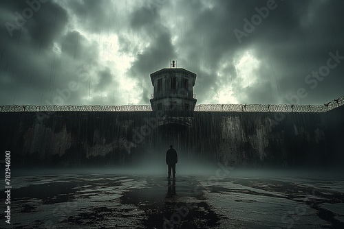 AI-generated illustration of a silhouette of a man standing in front of a prison tower during rain