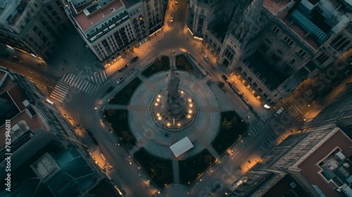 a nighttime view looking down from the top of a clock tower