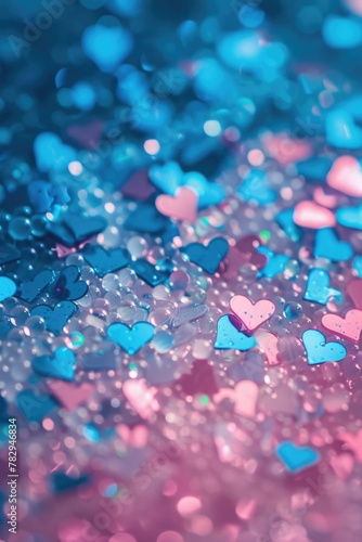 A vibrant blue and pink glitter background with heart shapes. Perfect for Valentine's Day or romantic-themed designs