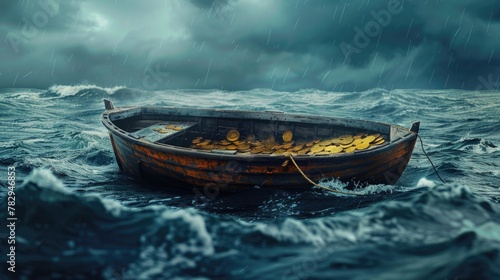 A row boat battling through a storm on the ocean. Ideal for illustrating struggle and perseverance © Fotograf