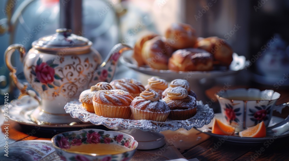 A table with pastries and tea cups, perfect for a cozy tea party