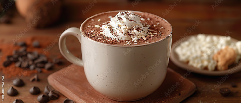 Italian gourmet patisserie - Rich Italian Hot Chocolate with white whipped cream on top blurry background, with empty copy space Italian gourmet patisserie - Rich Italian Hot Chocolate with white whipped cream on top blurry background, with empty copy space