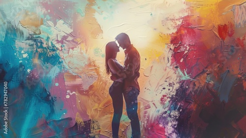 Romantic couple kissing in front of a vibrant backdrop. Perfect for Valentine's Day cards or wedding invitations