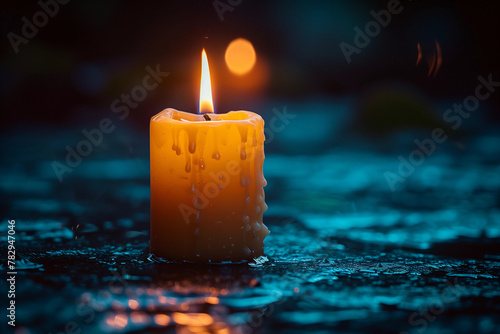 Single white burning candle on black background