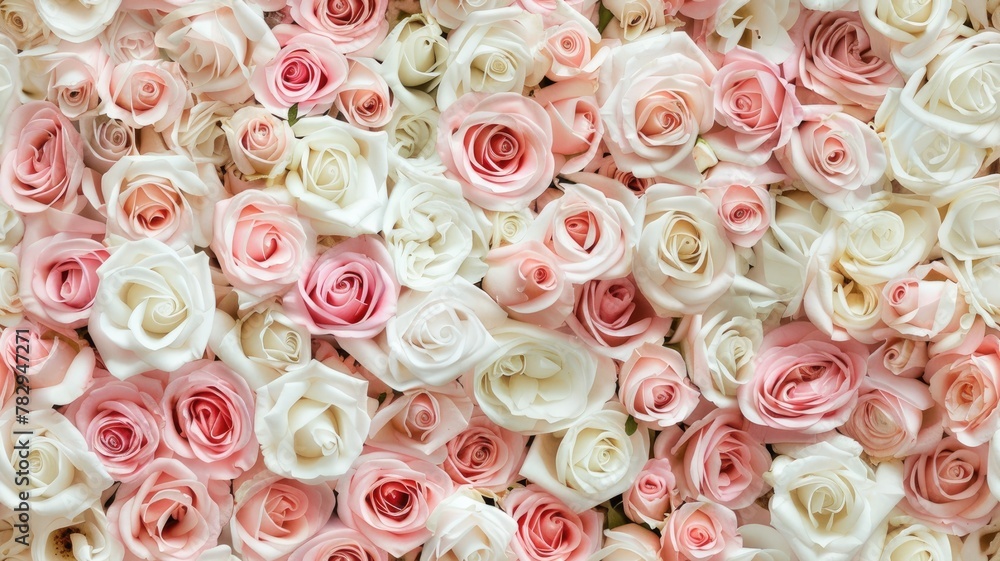 pastel pink and white roses, creating a wall of flowers that serves as an enchanting backdrop for wedding ceremonies or party decorations. SEAMLESS PATTERN pastel pink and white roses, creating a wall of flowers that serves as an enchanting backdrop for wedding ceremonies or party decorations. SEAMLESS PATTERN