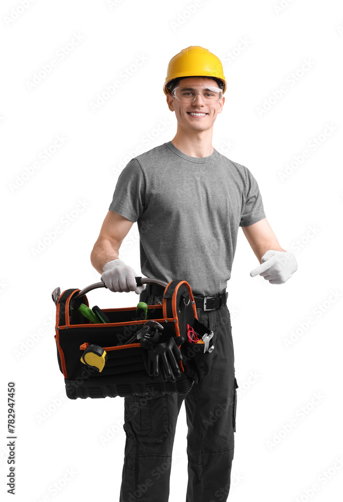 Professional repairman with tool box on white background Professional repairman with tool box on white background