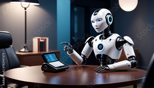 A futuristic robot is sitting at a business meeting table, engaging with digital interfaces, hinting at the evolving role of robots in business. AI Generation