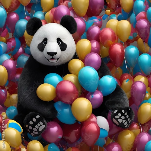 stuffed panda bear with colorful balloons floating on top of him