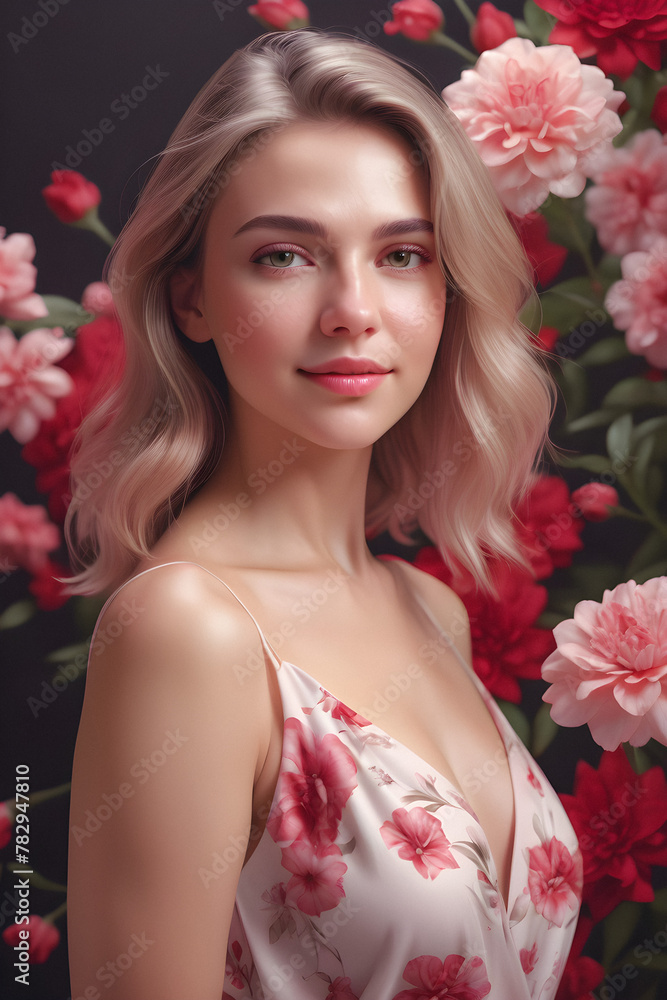 A World of Blooms: A Caucasian Woman Poses Amidst a Lush Floral Backdrop. generative AI A World of Blooms: A Caucasian Woman Poses Amidst a Lush Floral Backdrop. generative AI