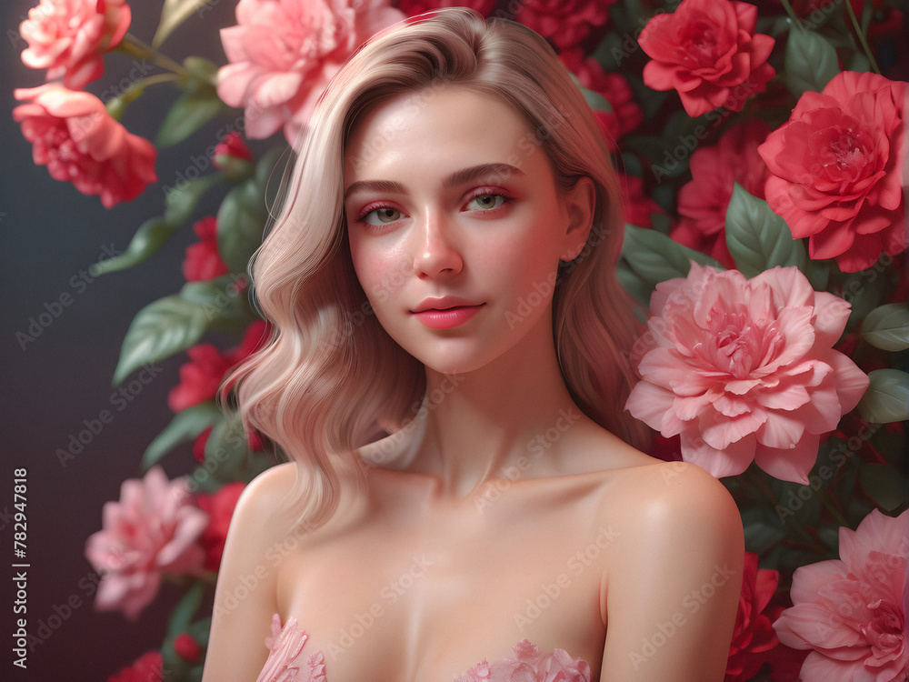 A World of Blooms: A Caucasian Woman Poses Amidst a Lush Floral Backdrop. generative AI