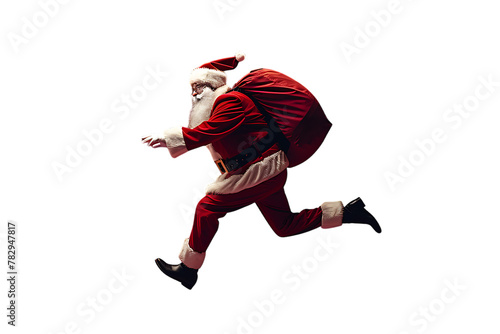 Realistic photograph of Santa Claus running with his bag on a white background