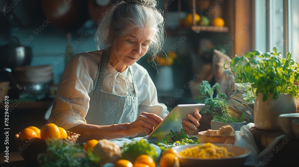 Senior home cook concentrates on a tablet surrounded by citrus and herbs, AI-generated. - obrazy, fototapety, plakaty 